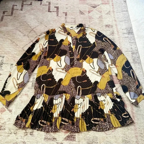 Zara •Equestrian Pleated Peplum Tunic Top Black Bridle Chain Print Size Small - Picture 7 of 10